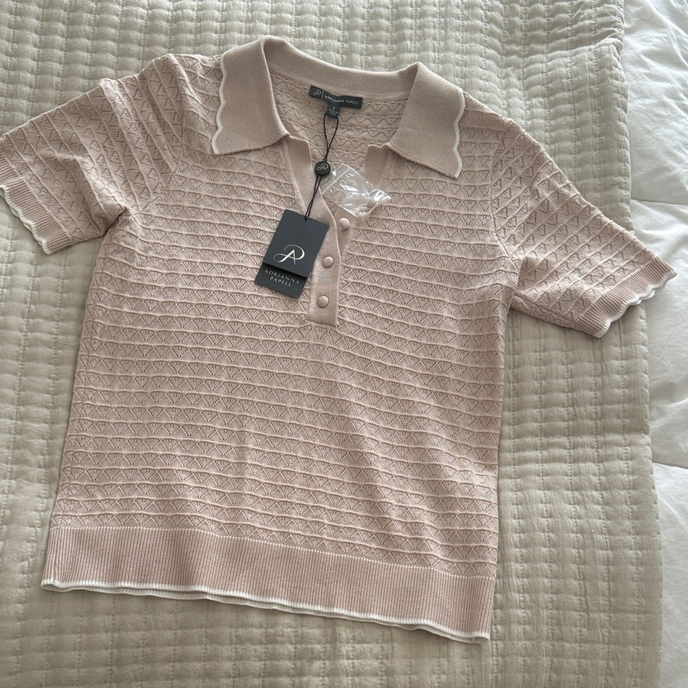 Adrianna Papell Blush Knit Scallop Collar Polo